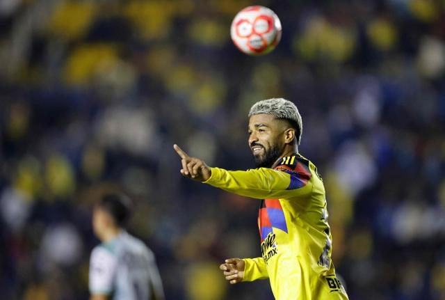America's Uruguayan forward #27 Rodrigo Aguirre celebrates after scoring his team's second goal during the Liga MX Apertura football match between America and Leon at the Ciudad de los Deportes Stadium in Mexico City on November 1, 2025. (Photo by Rodrigo Oropeza / AFP)