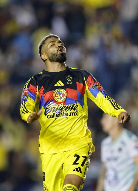 America's Uruguayan forward #27 Rodrigo Aguirre celebrates after scoring his team's second goal during the Liga MX Apertura football match between America and Leon at the Ciudad de los Deportes Stadium in Mexico City on November 1, 2025. (Photo by Rodrigo Oropeza / AFP)
