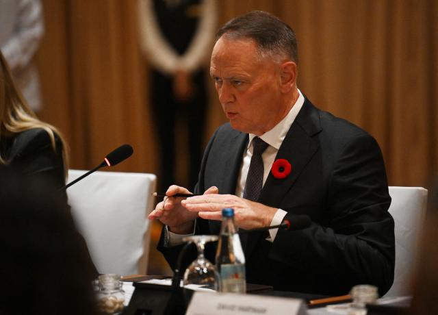 Canadian Minister of Defence David McGuinty speaks during the bilateral meeting with Philippines' Secretary of National Defence Gilberto Teodoro (not pictured) in Manila on November 2, 2025.  (Photo by Ted ALJIBE / AFP)