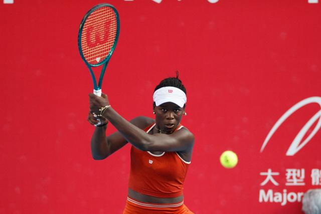 Victoria Mboko of Canada hits a return to Spain's Cristina Bucsa during the women's singles final of the Hong Kong Tennis Open in Hong Kong on November 2, 2025. (Photo by May James / AFP)