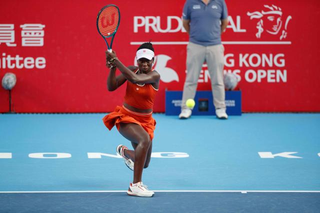 Victoria Mboko of Canada hits a return to Spain's Cristina Bucsa during the women's singles final of the Hong Kong Tennis Open in Hong Kong on November 2, 2025. (Photo by May James / AFP)