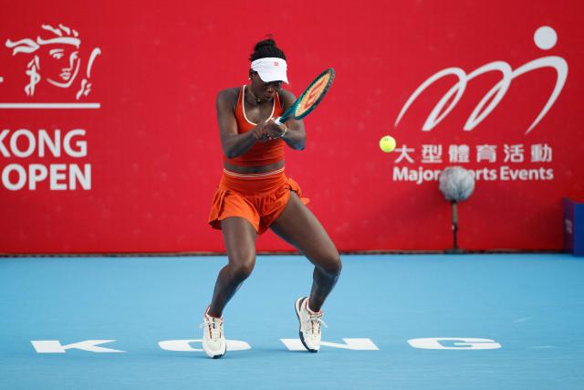 Victoria Mboko of Canada hits a return to Spain's Cristina Bucsa during the women's singles final of the Hong Kong Tennis Open in Hong Kong on November 2, 2025. (Photo by May James / AFP)