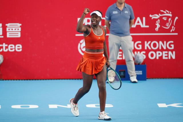 Victoria Mboko of Canada reacts to a point to Spain's Cristina Bucsa during the women's singles final of the Hong Kong Tennis Open in Hong Kong on November 2, 2025. (Photo by May James / AFP)
