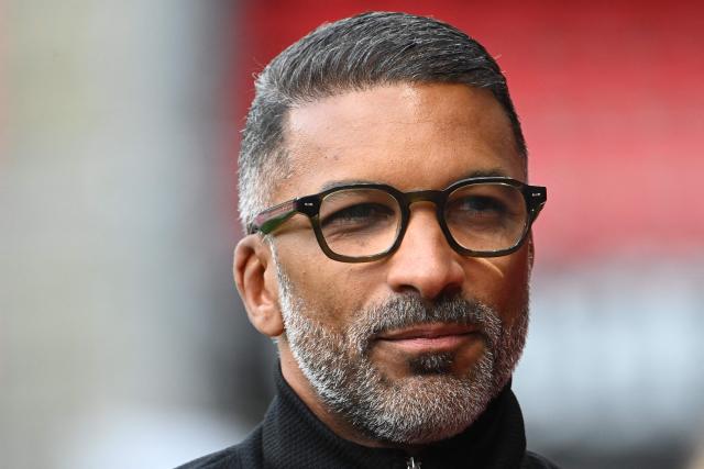 Rennes' French-Senegalese head coach Habib Beye looks on prior to the French L1 football match between Stade Rennais FC and RC Strasbourg Alsace at the Roazhon Park stadium in Rennes, western France, on November 2, 2025. (Photo by JEAN-FRANCOIS MONIER / AFP)