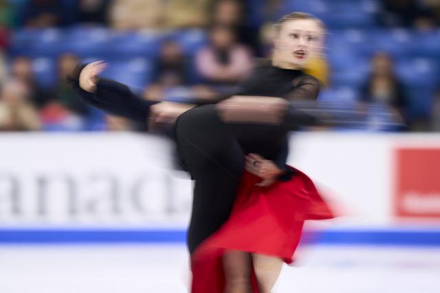Katerina Mrazkova and Daniel Mrazek of the Czech Republic skate their dance in the ice dance competition at Skate Canada International in Saskatoon, Saskatchewan, on November 2, 2025. (Photo by Geoff Robins / AFP)