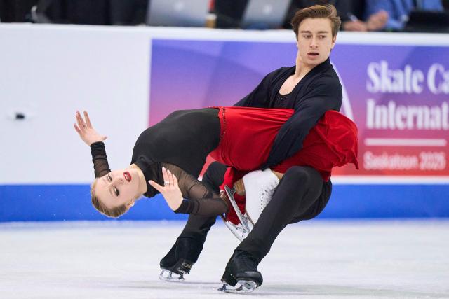 Katerina Mrazkova and Daniel Mrazek of the Czech Republic skate their dance in the ice dance competition at Skate Canada International in Saskatoon, Saskatchewan, on November 2, 2025. (Photo by Geoff Robins / AFP)