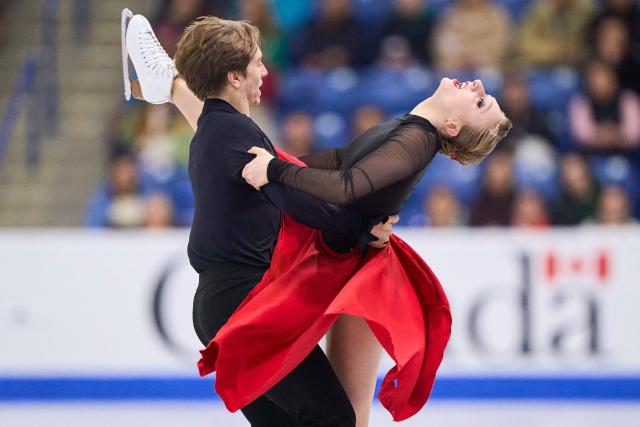 Katerina Mrazkova and Daniel Mrazek of the Czech Republic skate their dance in the ice dance competition at Skate Canada International in Saskatoon, Saskatchewan, on November 2, 2025. (Photo by Geoff Robins / AFP)