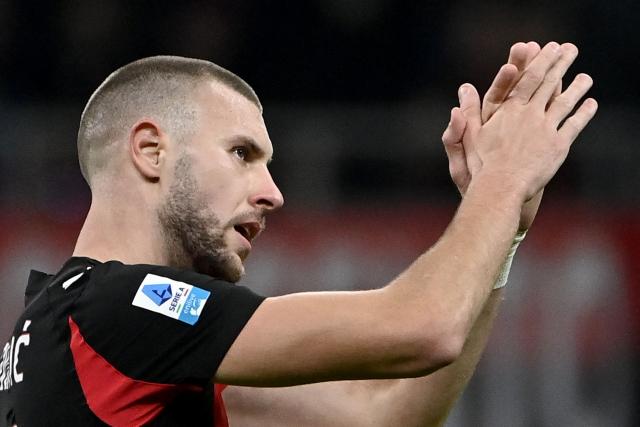 AC Milan's Serbian defender #31 Strahinja Pavlovic celebrates scoring his team's first goal during the Italian Serie A football match between AC Milan and AS Roma at San Siro stadium in Milan, on November 2, 2025. (Photo by Isabella BONOTTO / AFP)
