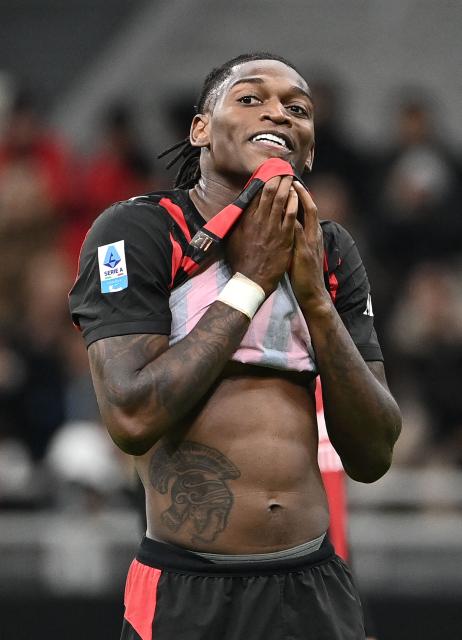 AC Milan's Portuguese forward #10 Rafael Leao reacts during the Italian Serie A football match between AC Milan and AS Roma at San Siro stadium in Milan, on November 2, 2025. (Photo by Isabella BONOTTO / AFP)
