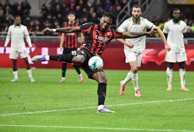 AC Milan's Portuguese forward #10 Rafael Leao kicks the ball during the Italian Serie A football match between AC Milan and AS Roma at San Siro stadium in Milan, on November 2, 2025. (Photo by Isabella BONOTTO / AFP)
