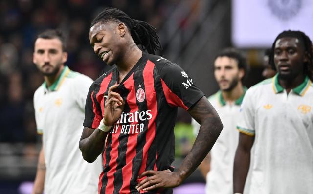 AC Milan's Portuguese forward #10 Rafael Leao reacts during the Italian Serie A football match between AC Milan and AS Roma at San Siro stadium in Milan, on November 2, 2025. (Photo by Isabella BONOTTO / AFP)