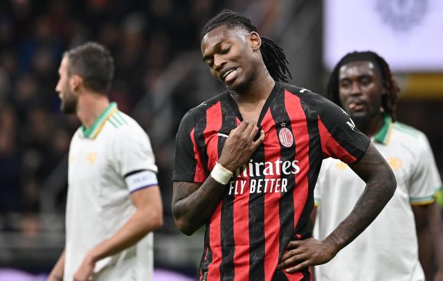 AC Milan's Portuguese forward #10 Rafael Leao reacts during the Italian Serie A football match between AC Milan and AS Roma at San Siro stadium in Milan, on November 2, 2025. (Photo by Isabella BONOTTO / AFP)