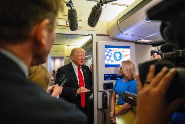 US President Donald Trump speaks to members of the press aboard Air Force One as he heads to Joint Base Andrews in Maryland after departing West Palm Beach, Florida on November 2, 2025. Trump is returning to the White House from his Mar-a-Lago, Florida, residence where he spent the weekend. (Photo by ROBERTO SCHMIDT / AFP)