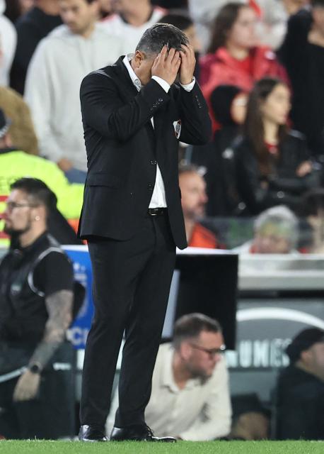 River Plate's head coach Marcelo Gallardo reacts during the Argentine Professional Football League 2025 Clausura Tournament match between River Plate and Gimnasia at the Mas Monumental Stadium in Buenos Aires on November 2, 2025. (Photo by ALEJANDRO PAGNI / AFP)