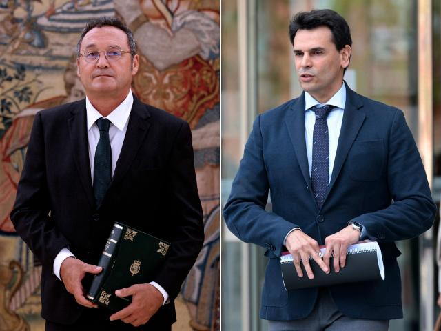 (COMBO) This combination of pictures created on November 02, 2025 shows Spain's Attonery General Alvaro Garcia Ortiz (L) holding the Annual Report of the Attorney Generals Office prior to presenting it to the king on September 3, 2025 at La Zarzuela Palace in Madrid, and Alberto Gonzalez Amador (R), partner of the Madrid region's right-wing leader Isabel Diaz Ayuso, leaving the High Court of Justice after testifying before the judge who investigates him for alleged tax fraud, in Madrid on April 10, 2025. Spain's top prosecutor on November 3, 2025 goes on an unprecedented trial accused of leaking legal secrets against the conservative opposition, a case that has rattled Socialist Prime Minister Pedro Sanchez's government. Garcia Ortiz is accused of leaking case files about Alberto Gonzalez Amador, a businessman under investigation for alleged tax fraud who is the partner of the Madrid region's influential right-wing leader, Isabel Diaz Ayuso. (Photo by Pierre-Philippe MARCOU and Thomas COEX / AFP)