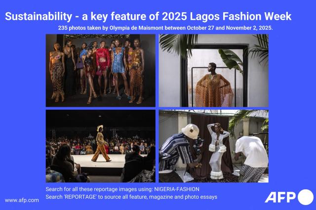 AFP presents a reportage of 235 pictures taken by photographer Olympia de Maismont during the Lagos Fashion Week in Lagos between October 27 and November 2, 2025.
Sustainability -- long both a bugbear and a buzzword in the fashion industry -- was a key feature of this year's Lagos Fashion Week, with designers from across the continent tapping into everything from traditional fabrics to banana fibre and coffee grounds.. Search all these reportage images using: FASHION-NIGERIA
Search "REPORTAGE" to source all feature, magazine and photo essays. (Photo by OLYMPIA DE MAISMONT / AFP)