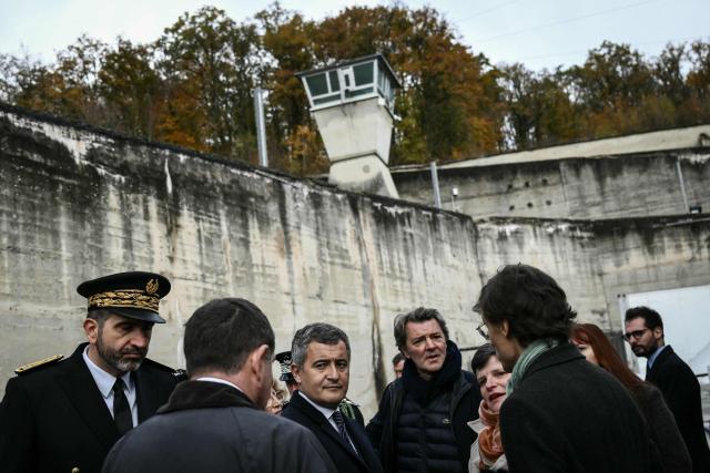 France's Minister of Justice Gerald Darmanin (C-R) visits the historical site of the former Clairvaux penitentiary in Ville-sous-la-Ferte, northeastern France on November 3, 2025. (Photo by ARNAUD FINISTRE / AFP)