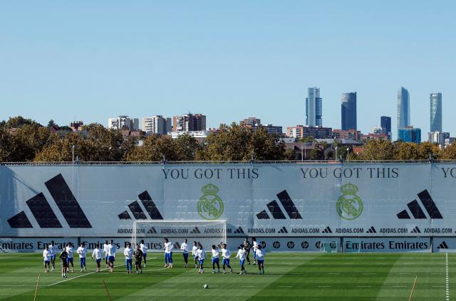 Real Madrid's players take part in a training session on the eve of the UEFA Champions League football match between Liverpool and Real Madrid CF at the Real Madrid Sports City of Valdebebas in Madrid on November 3, 2025. (Photo by Oscar DEL POZO / AFP)