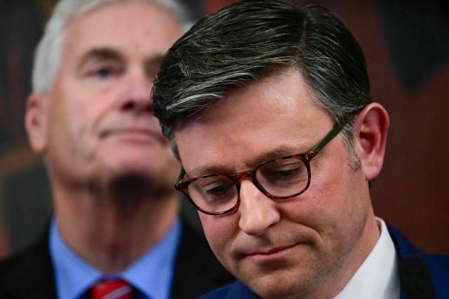 US Speaker of the House Mike Johnson pauses while speaking during a news conference at the US Capitol on November 3, 2025, in Washington, DC. The federal government shutdown has entered its second month. Since partisan gridlock sent the US government into shutdown October 1, many federal workers have gone without paychecks and millions of Americans are increasingly caught in the crossfire of a lack of basic federal services. (Photo by Jim WATSON / AFP)