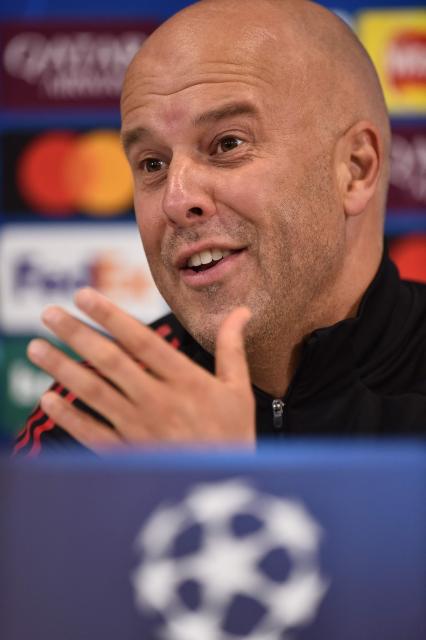 Liverpool's Dutch manager Arne Slot reacts during a press conference at Anfield Stadium in Liverpool in north-west England, on November 3, 2025, on the eve of their UEFA Champions League league phase football match against Real Madrid.  (Photo by PETER POWELL / AFP)