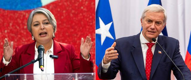 (COMBO) This combination of file pictures created on November 03, 2025 shows Chile's presidential candidate Jeannette Jara (L), of the Progressive Center-Left Coalition, speaking to supporters during a rally in Santiago on August 18, 2025; and Chile's presidential candidate Jose Antonio Kast of the Republican Party speaking during a press conference to present his proposals on border protection and measures against illegal immigration, at his campaign headquarters in Santiago, on October 29, 2025. Chile will hold presidential election next November 16. (Photo by Raul BRAVO / AFP)