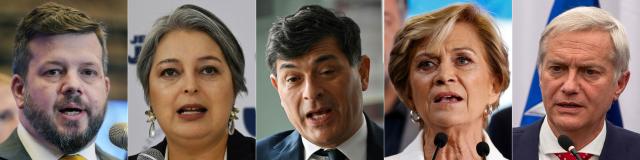(COMBO) This combination of file pictures created on November 03, 2025 shows Chile's presidential candidates (L to R): Johannes Kaiser of the Libertarian National party during the Construction Week at the Metropolitan event center in Santiago on May 14, 2025; Jeannette Jara of the Progressive Center-Left Coalition during a press conference with the Association of Correspondents of the International Press in Chile (ACPI) in Santiago on October 15, 2025;  Franco Parisi, for the 'Partido de la Gente' (People's Party), during an interview with AFP in Santiago on September 8, 2025; Evelyn Matthei of the Chile Vamos coalition, after a debate organized by Channel 13 Television in Santiago on October 26, 2025; and Jose Antonio Kast of the Republican Party during a press conference at his campaign headquarters in Santiago, on October 29, 2025. Chile will hold the presidential election on November 16, 2025. A poll published on the eve showed Jara leading first-round voting intentions with 27 percent, ahead of Kast on 20 percent and Kaiser on 14 percent. (Photo by RODRIGO ARANGUA and Raul BRAVO / AFP)