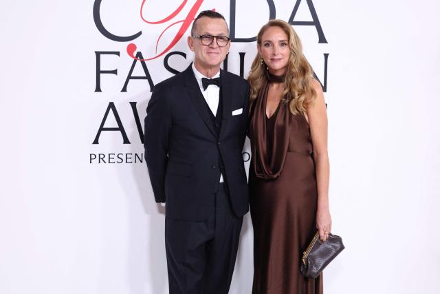 CEO of the Council of Fashion Designers of America Steven Kolb (L) and Jenny Freshwater, vice president of fashion and fitness at Amazon Fashion, attend the CFDA Fashion Awards at the American Museum of Natural History in New York on November 3, 2025. (Photo by CHARLY TRIBALLEAU / AFP)