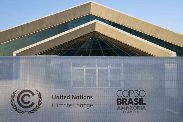 Partial view of the Hangar Convention and Exhibition Centre of the COP30, the United Nations Climate Change Conference in Belem, Para State, Brazil, taken on November 3, 2025. COP30, the United Nations Climate Change Conference, will be held on November 6 and 7. (Photo by Pablo PORCIUNCULA / AFP)