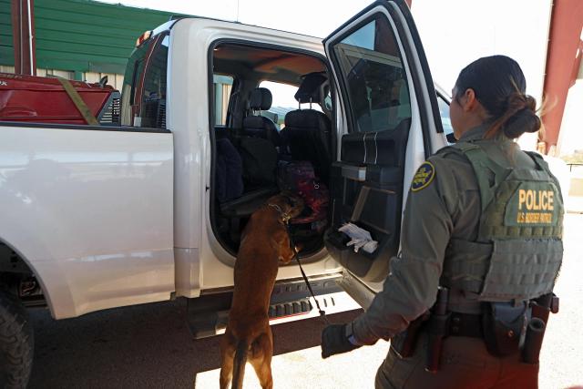 Furko, a canine agent with the US Border Patrol's Big Bend Sector, searches for drugs and undocumented migrants at the Sierra Blanca checkpoint in Texas, United States, on November 3, 2025. (Photo by Herika Martinez / AFP)