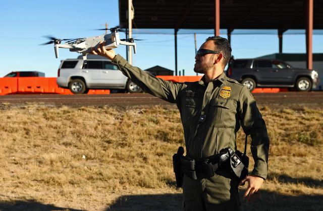 A US Border Patrol agent from the Big Bend Sector demonstrates the use of a drone to detect undocumented migrants near the Marfa checkpoint in Texas, United States, on November 3, 2025. (Photo by HERIKA MARTINEZ / AFP)