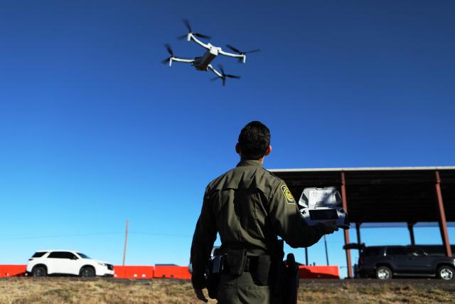 A US Border Patrol agent from the Big Bend Sector demonstrates the use of a drone to detect undocumented migrants near the Marfa checkpoint in Texas, United States, on November 3, 2025. (Photo by HERIKA MARTINEZ / AFP)