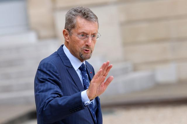 (FILES) French diplomat and civil servant Bernard Bajolet, leaves the presidential Elysee Palace after the yearly Ambassadors of France conference in Paris on September 1, 2022. Former head of the Directorate-General for External Security (DGSE), France's exterior secret service, will appear in court in Paris for complicity in attempted extortion on November 6, 2025. (Photo by Ludovic MARIN / AFP)