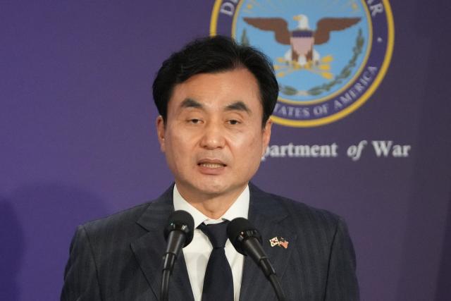 South Korean Defense Minister Ahn Gyu-Back speaks during a joint press conference with US Defense Secretary Pete Hegseth following the 57th Security Consultative Meeting (SCM) at the Defense Ministry in Seoul on November 4, 2025. (Photo by Lee Jin-man / POOL / AFP)