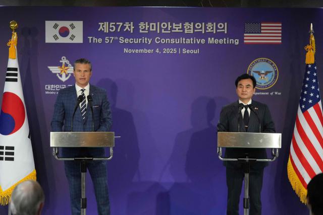 US Defense Secretary Pete Hegseth (L) speaks during a joint press conference with South Korean Defense Minister Ahn Gyu-Back following the 57th Security Consultative Meeting (SCM) at the Defense Ministry in Seoul on November 4, 2025. (Photo by Lee Jin-man / POOL / AFP)