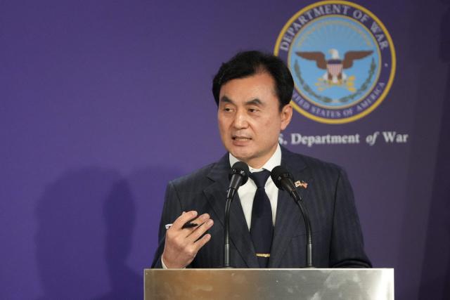 South Korean Defense Minister Ahn Gyu-Back speaks during the joint press conference with US Defense Secretary Pete Hegseth following the 57th Security Consultative Meeting (SCM) at the Defense Ministry in Seoul on November 4, 2025. (Photo by Lee Jin-man / POOL / AFP)