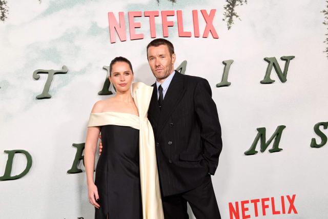 British actress Felicity Jones (L) and Australian actor Joel Edgerton attend Netflix's "Train Dreams" premiere at the Egyptian theatre in Hollywood, California on November 3, 2025. (Photo by Unique Nicole / AFP)