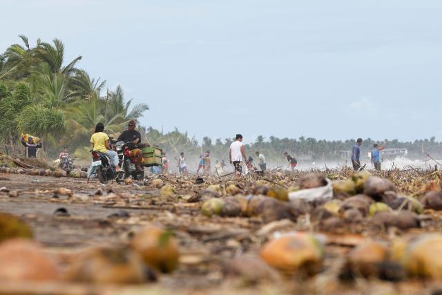 People gather coconuts washed ashore by of Typhoon Kalmaegi in Mayorga town, Leyte province on November 4, 2025. At least five people have been killed and hundreds of thousands displaced as rains driven by Typhoon Kalmaegi flooded swathes of the central Philippines on November 4. (Photo by FRANCIS CADAVIS / AFP)