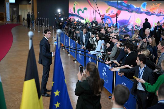 EU Commissioner for Climate, Net Zero and Clean Growth Wopke Hoekstra gives a press statement during an Environment Council in Brussels on November 4, 2025. (Photo by Nicolas TUCAT / AFP)