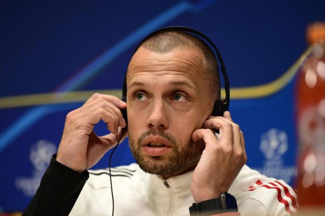 Ajax Amsterdam's coach Johnny Heitinga gives a press conference before the Champions League match against Galatasaray at the De Toekomst sports complex on November 4, 2025 in Amsterdam, Netherlands.d (Photo by Olaf KRAAK / ANP / AFP) / Netherlands OUT
