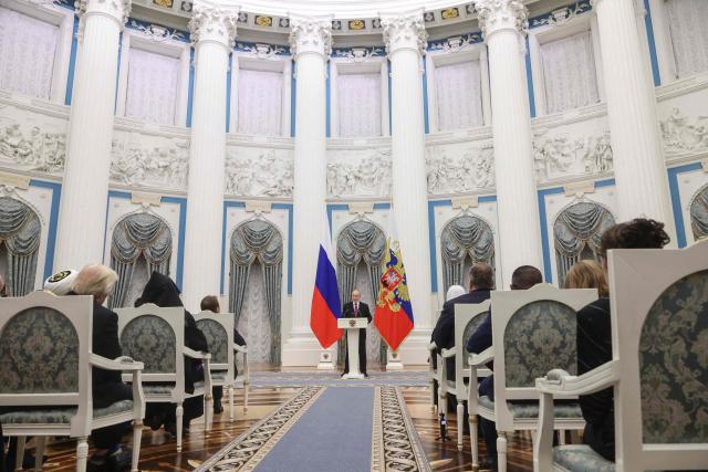 Russian President Vladimir Putin gives a speech during an awards ceremony marking the National Unity Day at the Kremlin in Moscow on November 4, 2025. (Photo by MAXIM SHIPENKOV / POOL / AFP)
