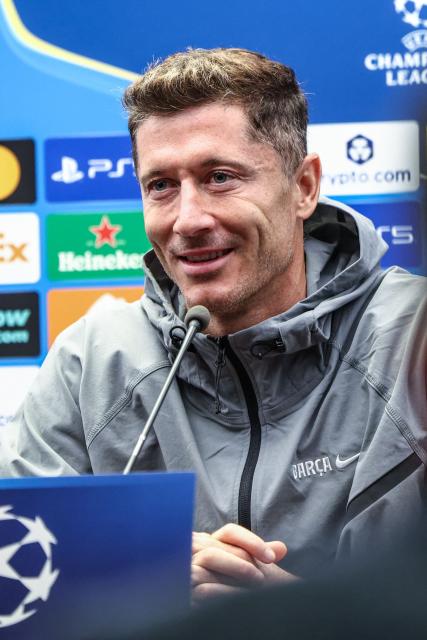 Barcelona's Polish forward Robert Lewandowski holds a press conference on the eve of the UEFA Champions League, League phase day 4, football match Club Brugge and FC Barcelona, in Bruges on November 4, 2025. (Photo by BRUNO FAHY / Belga / AFP) / Belgium OUT