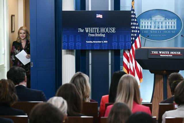 White House Press Secretary Karoline Leavitt arrives for a press briefing in the Brady Briefing Room of the White House in Washington, DC, on November 4, 2025. (Photo by Brendan SMIALOWSKI / AFP)