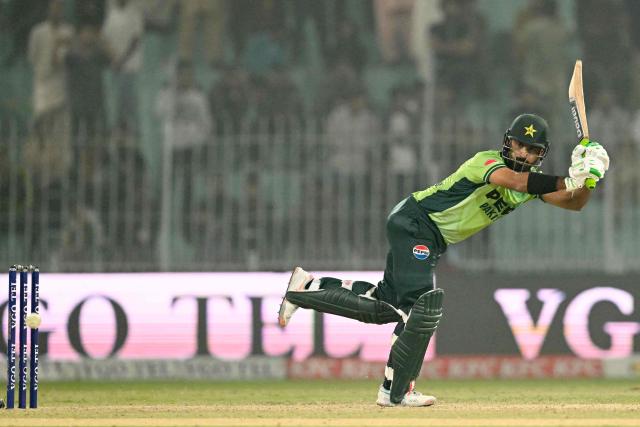 Pakistan's Mohammad Nawaz plays a shot during the first one-day international (ODI) cricket match between Pakistan and South Africa at the Iqbal Stadium in Faisalabad on November 4, 2025. (Photo by Aamir QURESHI / AFP)