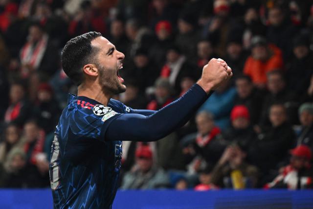 Arsenal's Spanish midfielder #23 Mikel Merino celebrates scoring his team's 0:3 during the UEFA Champions League - league phase day 4 football match between Slavia Prague and Arsenal FC in Prague, Czech Republic on November 4, 2025. (Photo by Michal Cizek / AFP)