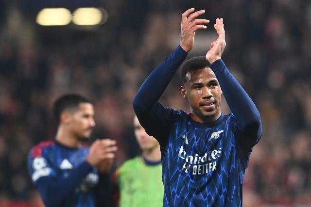 Arsenal's Brazilian defender #06 Gabriel Magalhaes celebrates after the UEFA Champions League - league phase day 4 football match between Slavia Prague and Arsenal FC in Prague, Czech Republic on November 4, 2025. (Photo by Michal Cizek / AFP)