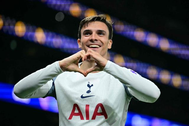 Tottenham Hotspur's Portugese midfielder #06 Joao Palhinha celebrates after scoring their fourth goal during the UEFA Champions League, league phase football match between Tottenham Hotspur and FC Copenhagen at the Tottenham Hotspur Stadium in London, on November 4, 2025. (Photo by Ben STANSALL / AFP)