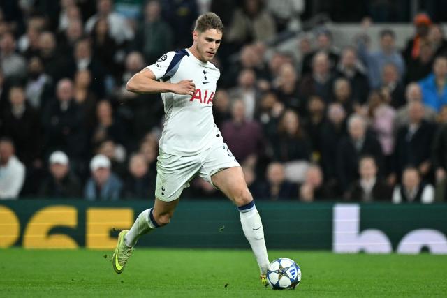 Tottenham Hotspur's Dutch defender #37 Micky van de Ven runs the length of the pitch before scoring their third goal during the UEFA Champions League, league phase football match between Tottenham Hotspur and FC Copenhagen at the Tottenham Hotspur Stadium in London, on November 4, 2025. (Photo by Ben STANSALL / AFP)