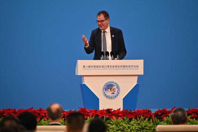 Gerd Müller, Director General of the United Nations Industrial Development Organization (UNIDO), speaks during the opening ceremony of the 8th China International Import Expo (CIIE) and the Hongqiao International Economic Forum in Shanghai on November 5, 2025. (Photo by Hector RETAMAL / AFP)