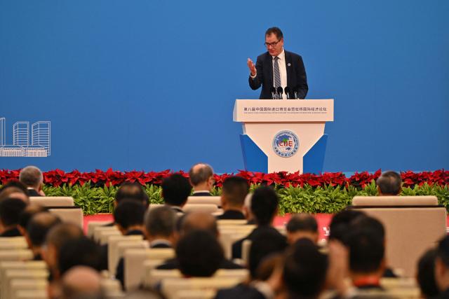 Gerd Müller, Director General of the United Nations Industrial Development Organization (UNIDO), speaks during the opening ceremony of the 8th China International Import Expo (CIIE) and the Hongqiao International Economic Forum in Shanghai on November 5, 2025. (Photo by Hector RETAMAL / AFP)