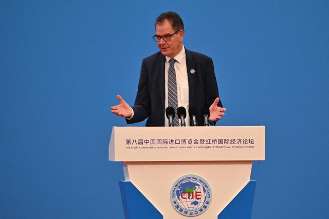 Gerd Müller, Director General of the United Nations Industrial Development Organization (UNIDO), speaks during the opening ceremony of the 8th China International Import Expo (CIIE) and the Hongqiao International Economic Forum in Shanghai on November 5, 2025. (Photo by Hector RETAMAL / AFP)